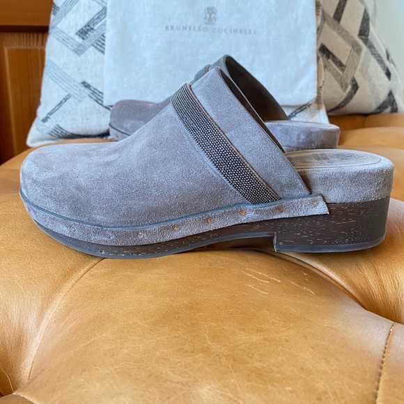 BRUNELLO CUCINELLI Bead-embellished suede clogs - Picture 2 of 13